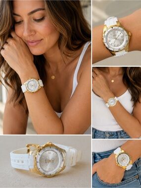 Invicta Angel Collection Women’s Gold Tone White Silicone Watch Model 11784 100M